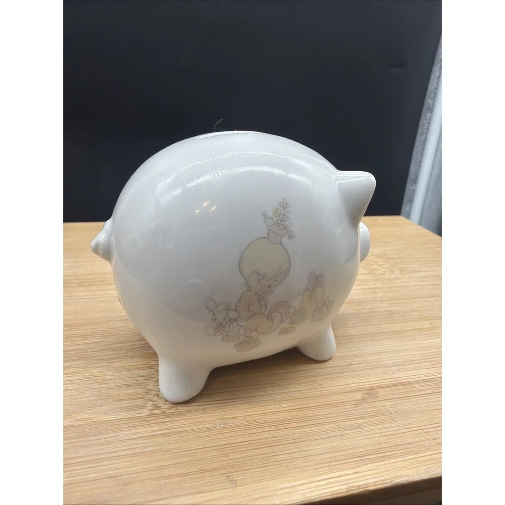 Vtg 1983 Precious Moments Mini Piggy Bank w/ Girl And Presents pictured on side